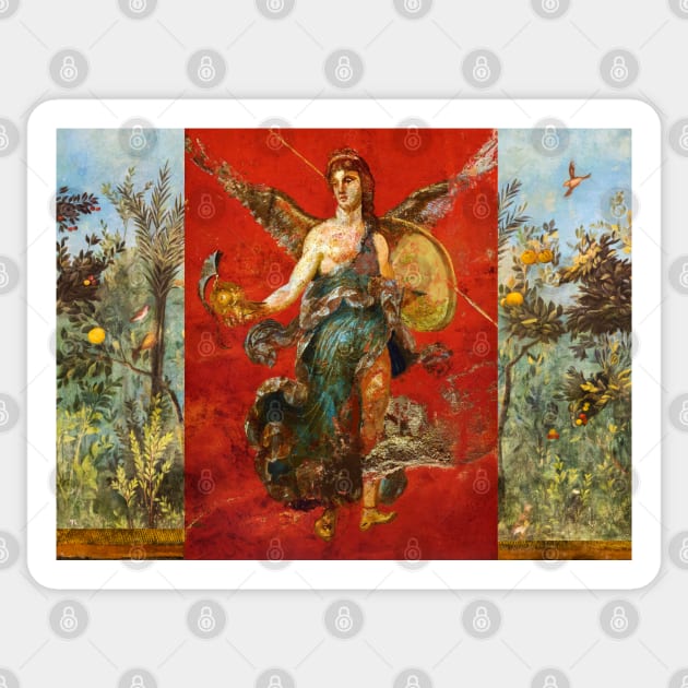 GODDESS NIKE ,POMPEII ,ANTIQUE ROMAN WALL PAINTINGS Flower Garden Flying Birds ,Quince and Apple Trees Sticker by BulganLumini